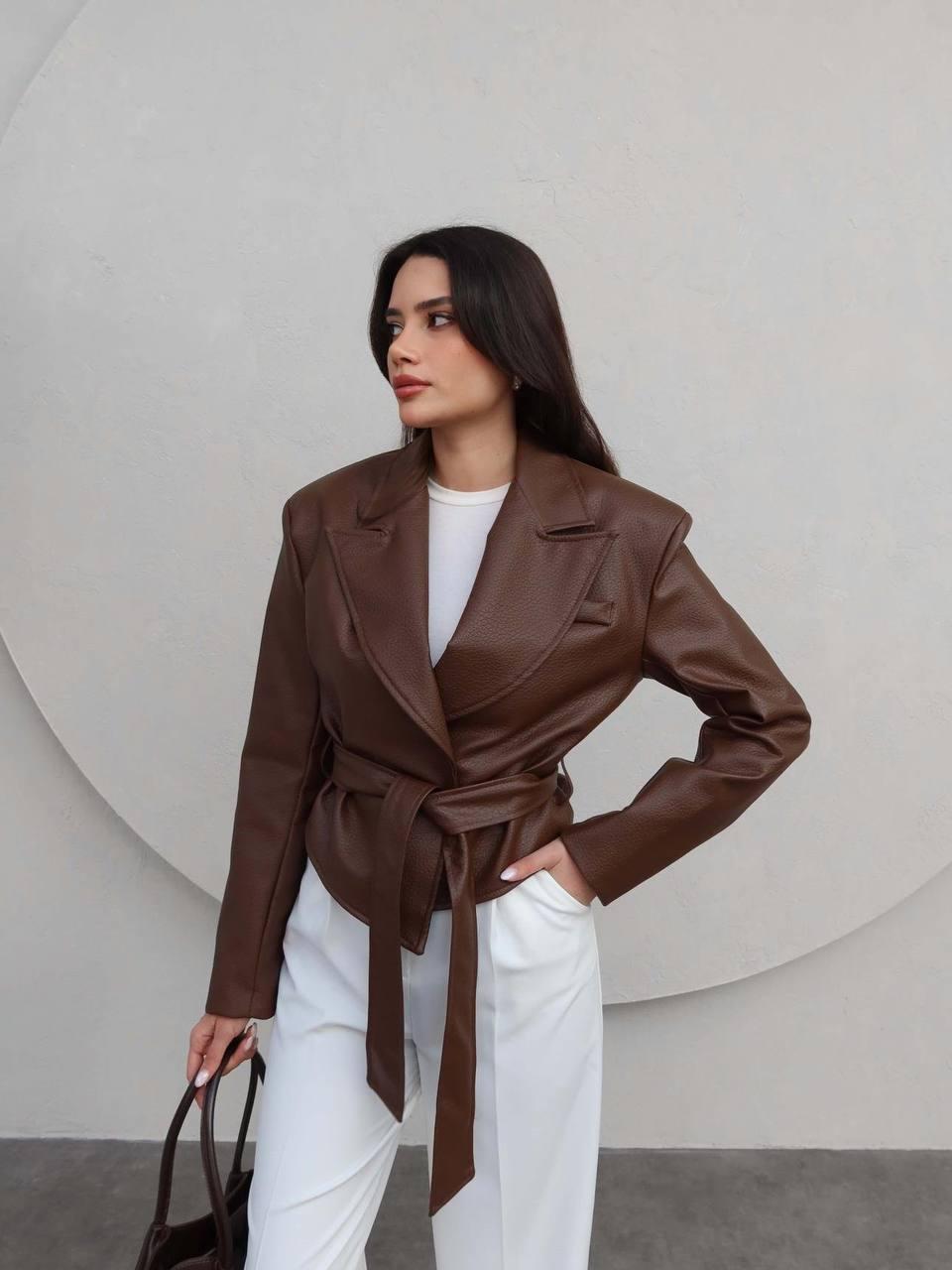 Shoulder Padded, Belted Brown Faux Leather Jacket