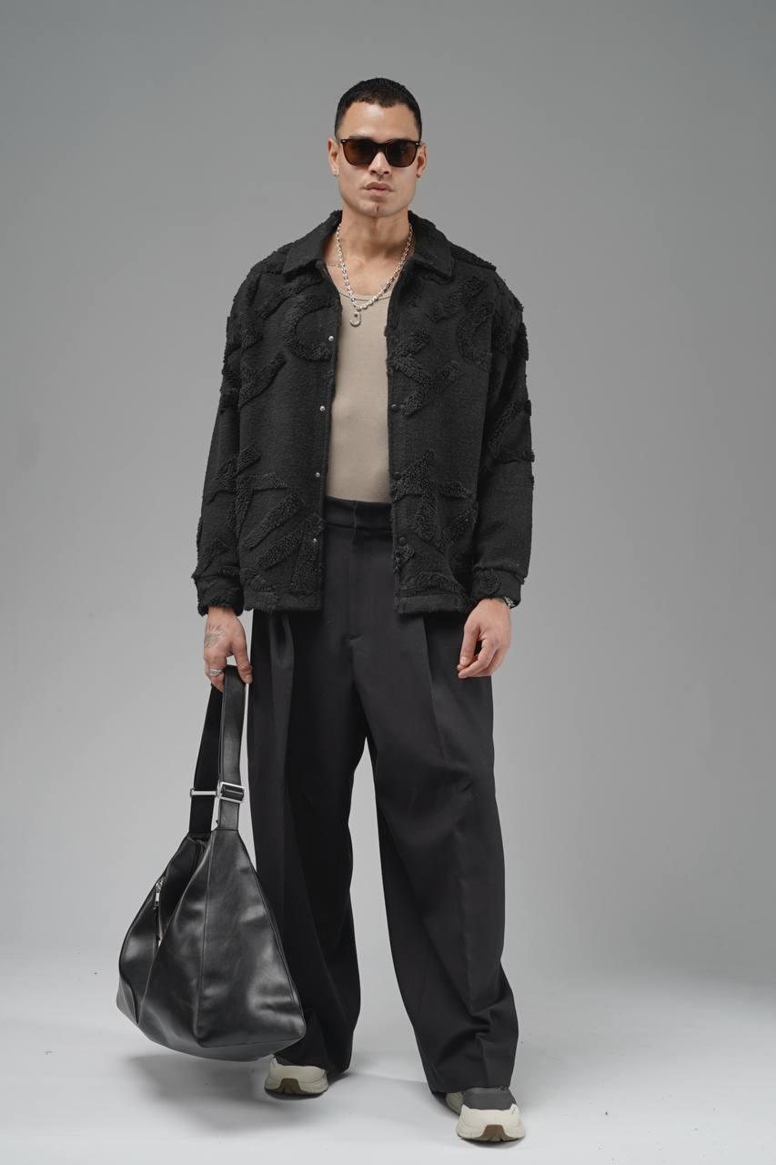 Dark Textured" Kabartmalı Siyah Kürk Ceket Gömlek (Shacket)