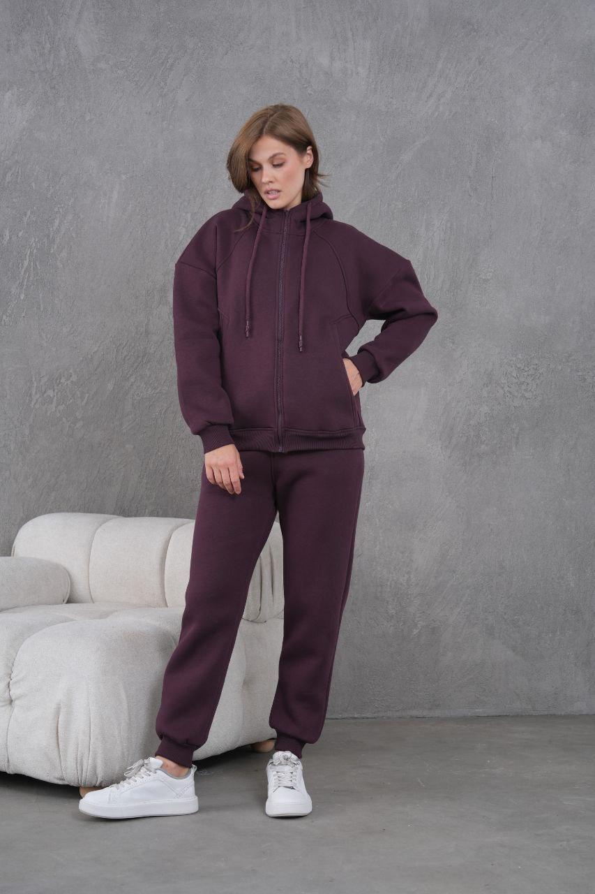 Kapüşonlu, fermuarlı, oversize, bordo rengi eşofman takımı