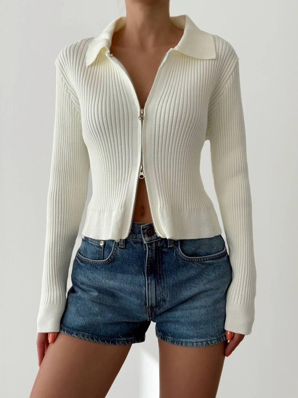 Ribbed Polo Neck Zip-Up Cropped Knit Cardigan