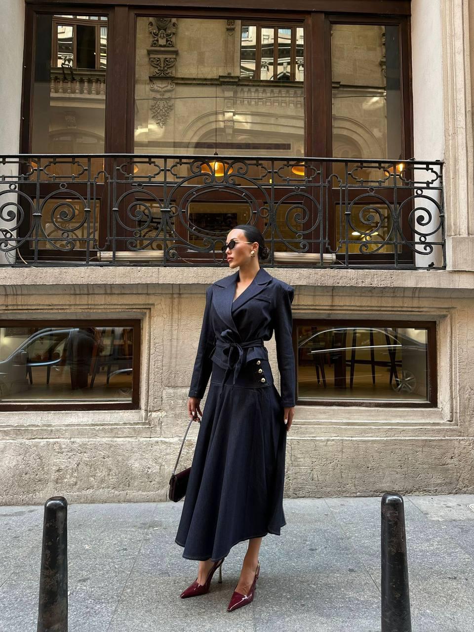 Belted Power Shoulder Midi Navy Blue Suit/Dress