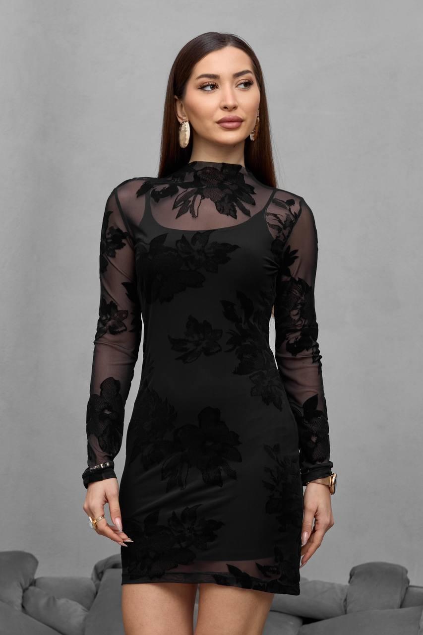 Түнге қалдыратын сән: Гүл өрнекті жұқа торлы қара мини көйлек