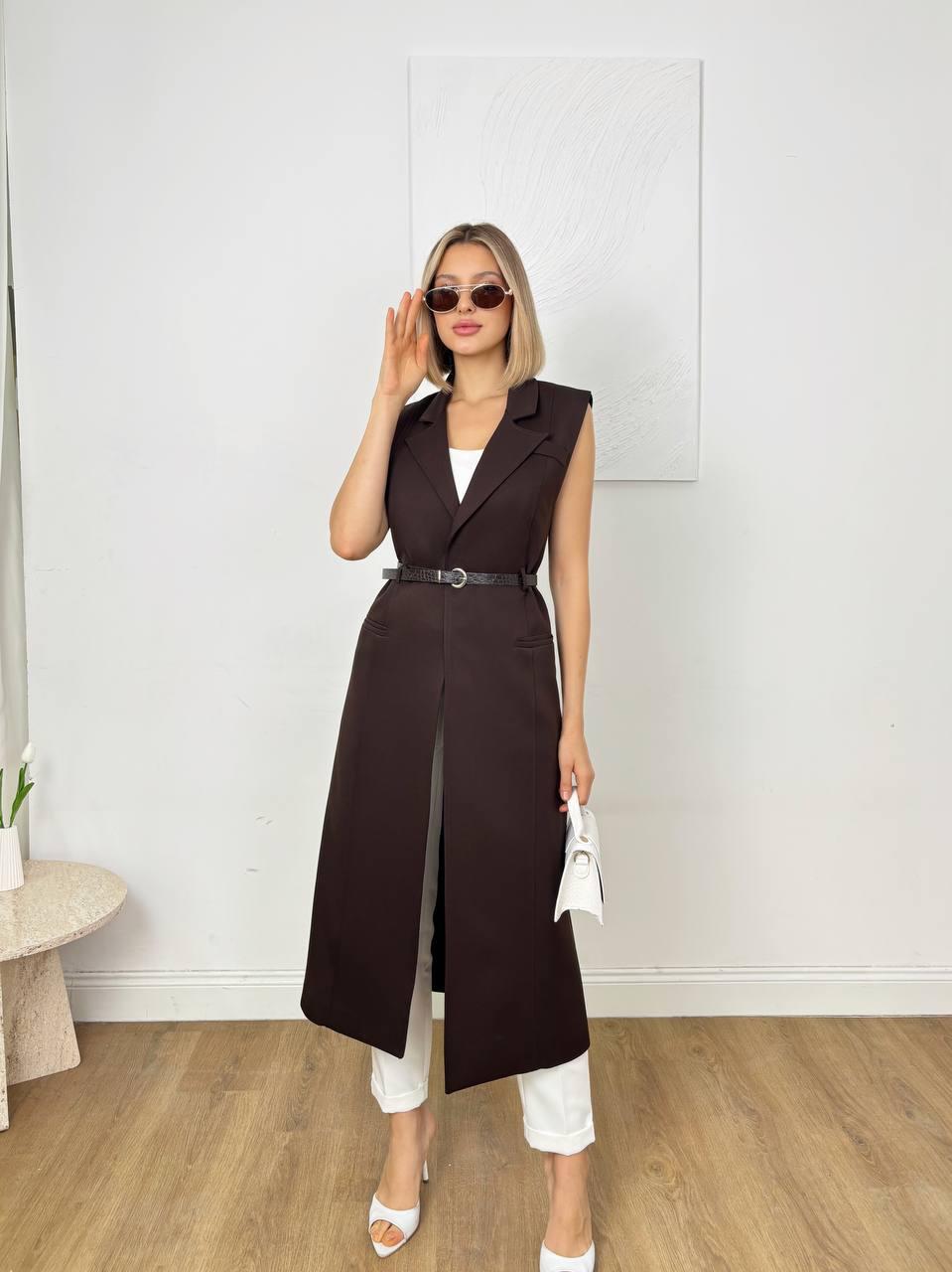 Коричневый/Черный жилет с длинным рукавом и воротником-лацканом