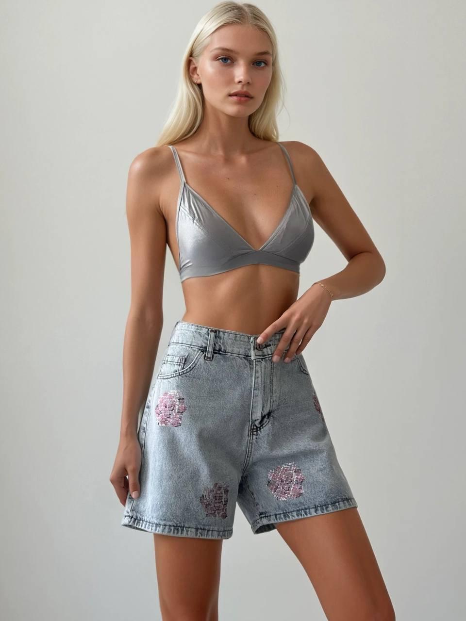 Rhinestone Rose Denim Shorts