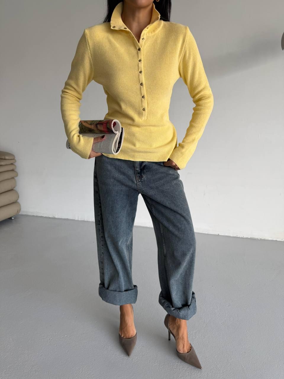 Lemon Yellow Ribbed Body-Hugging Long-Sleeve Buttoned Polo Knitwear
