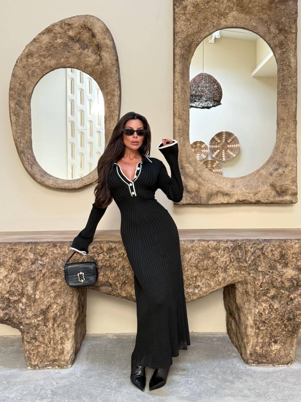 Black V-Neck and White Piped Long Knit Dress