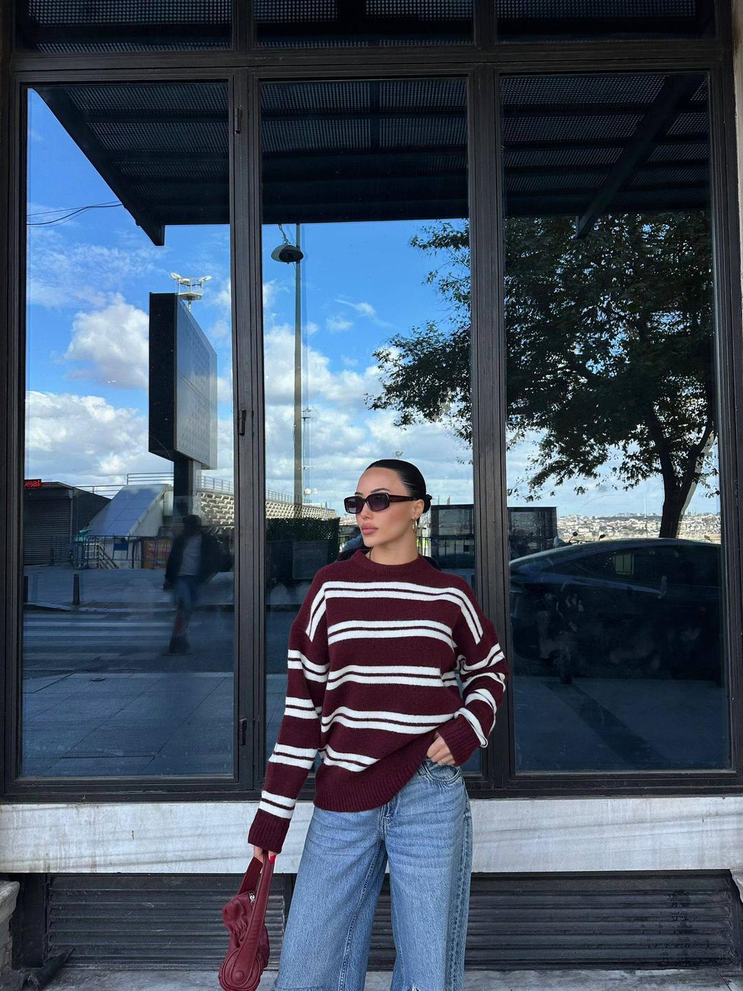 Oversize Striped Crew Neck Knit Sweater