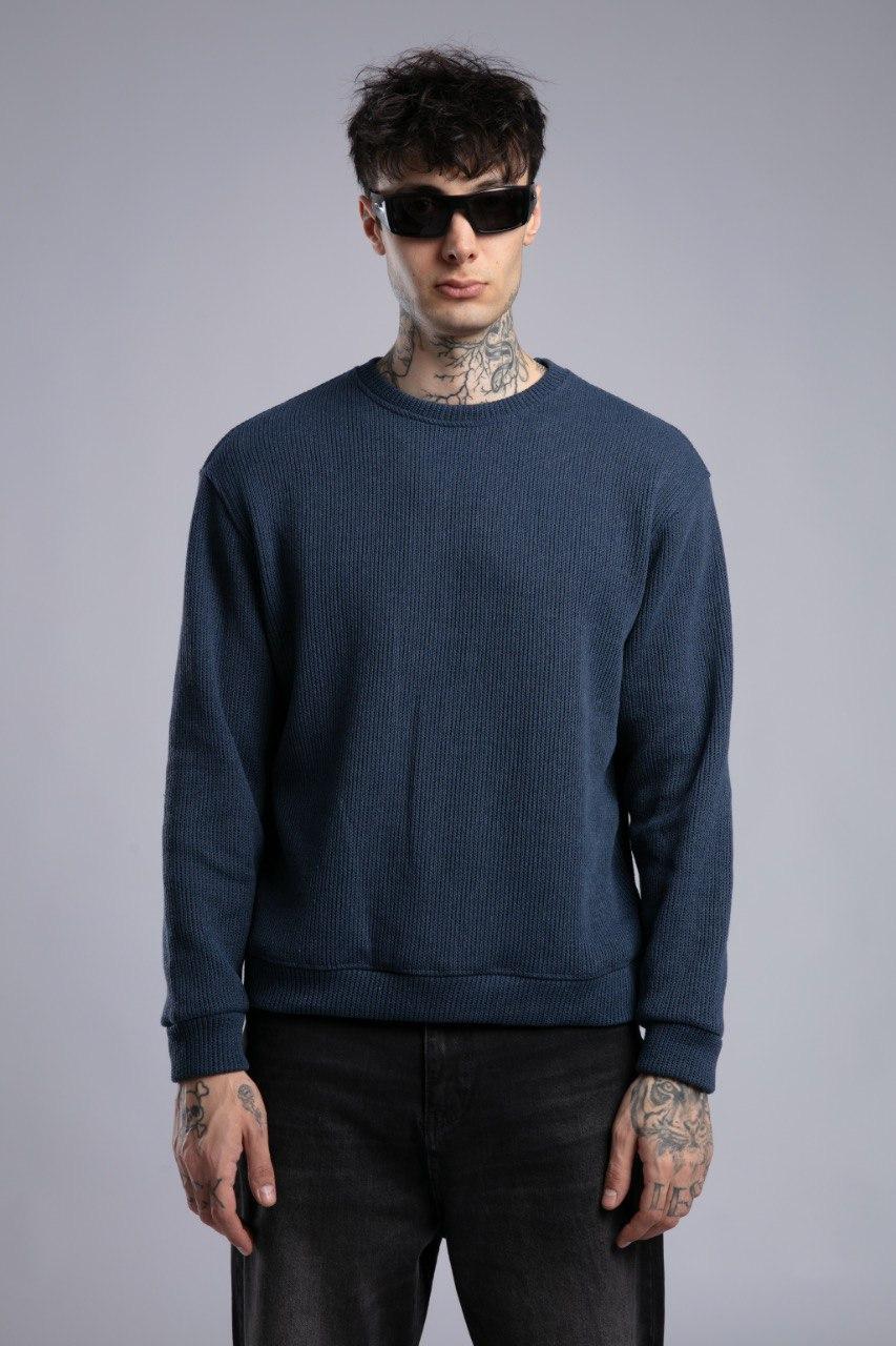 Oversize Fit Bisiklet Yaka Lacivert Örme Kazak