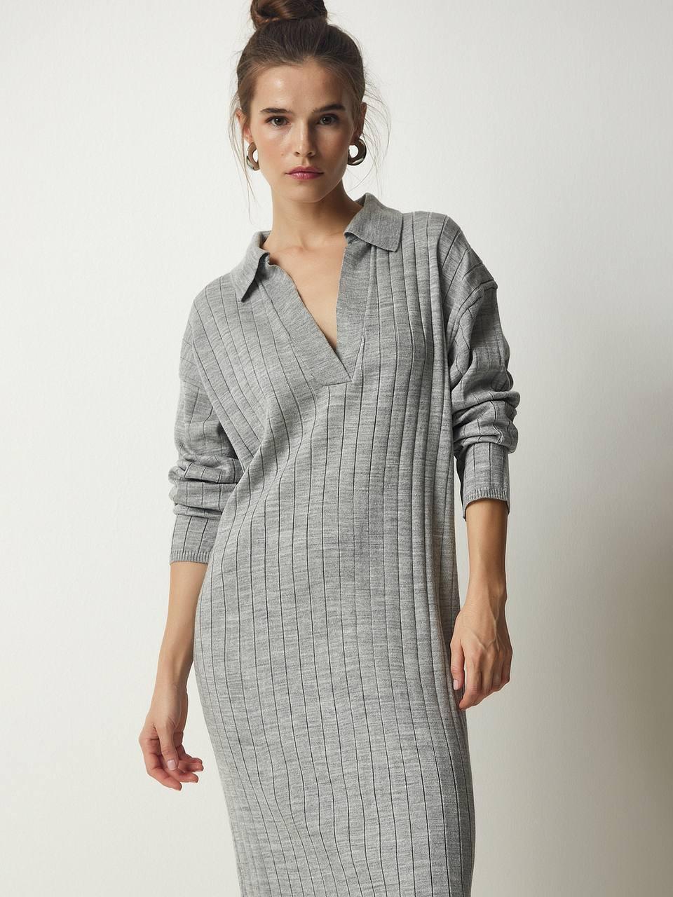Grey Ribbed Knit Polo Neck Sweater Dress