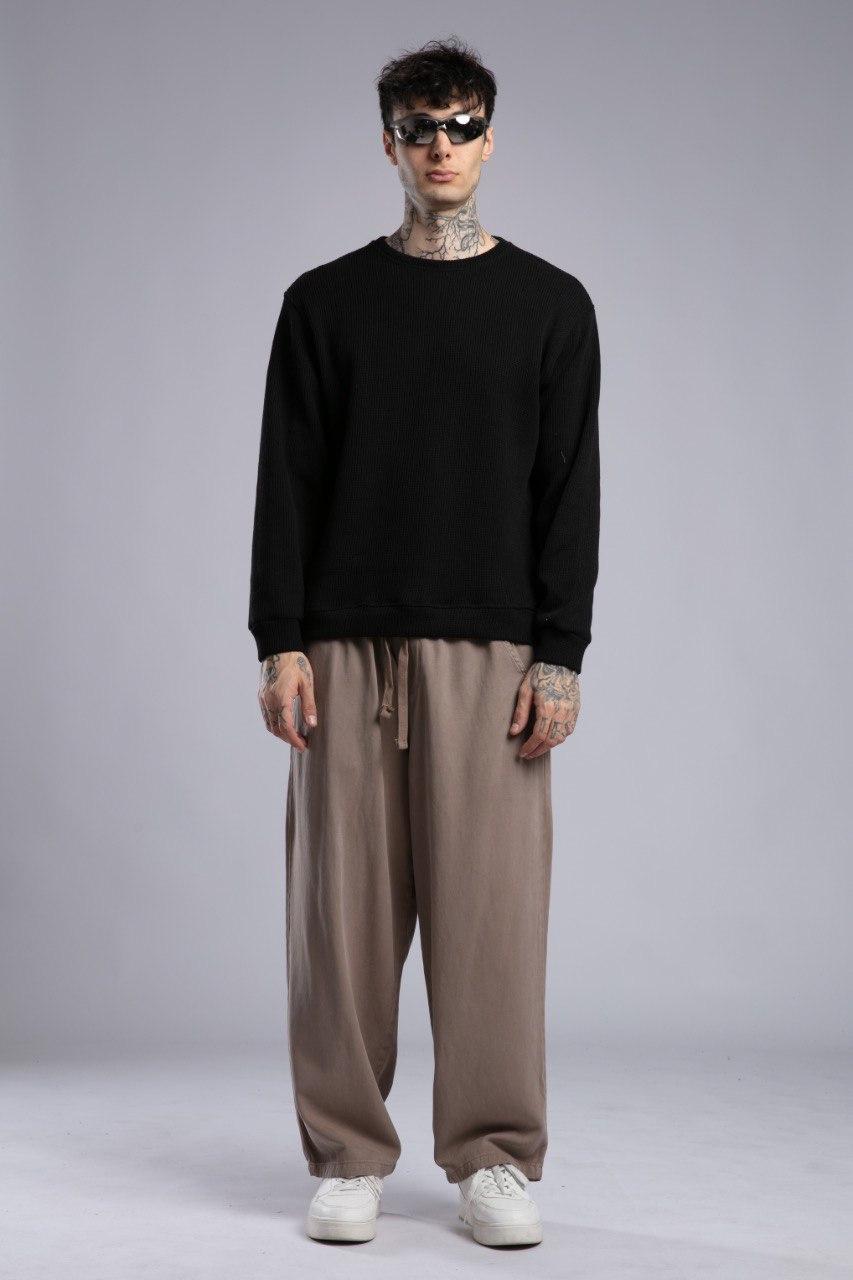 Oversize Fit Bisiklet Yaka Siyah Örme Kazak