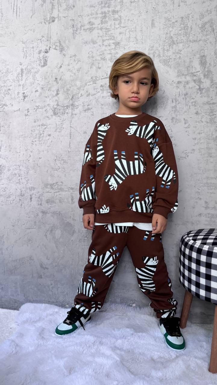 Zebra Print Brown Kids Tracksuit Set