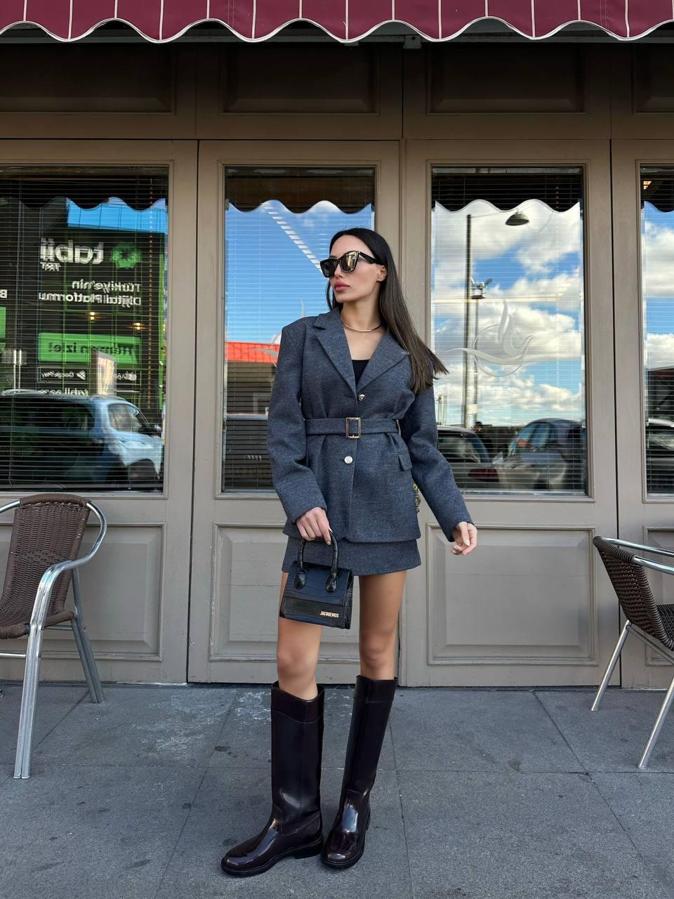 Anthracite Wool Blend Belted Blazer Jacket & Mini Skirt Set