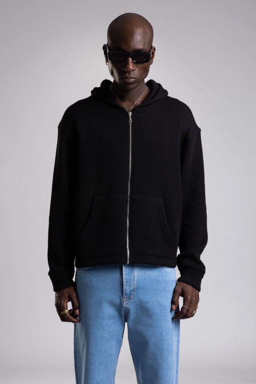 Черная толстовка/кардиган оверсайз/свободного кроя на молнии с капюшоном и вафельной текстурой