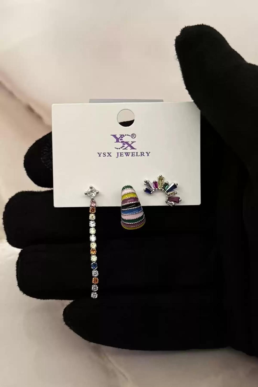 YSX Jewelry Gümüş Rengi Çok Renkli Taşlı Küpe Seti