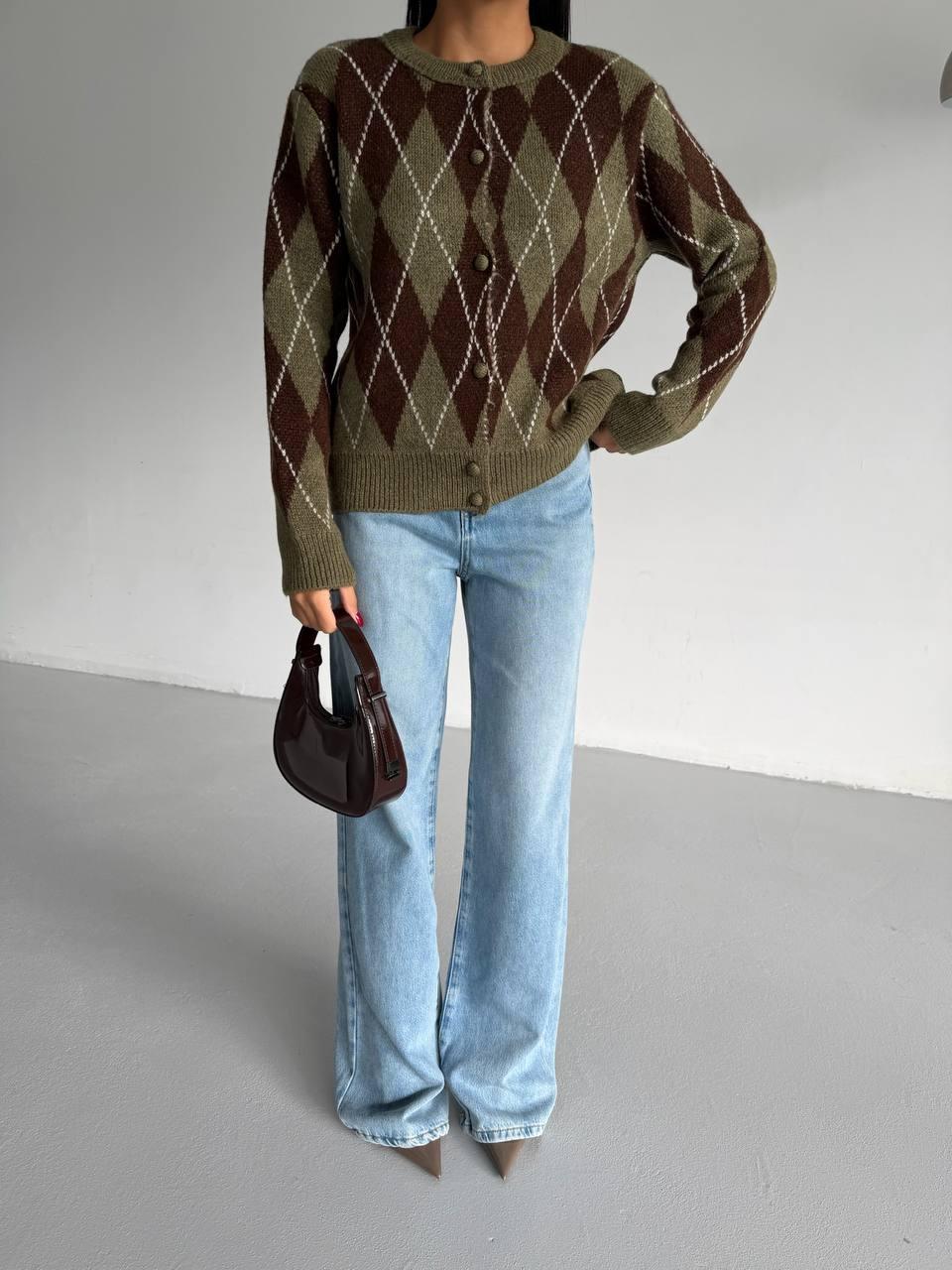 Argyle Patterned Retro Buttoned Knit Cardigan