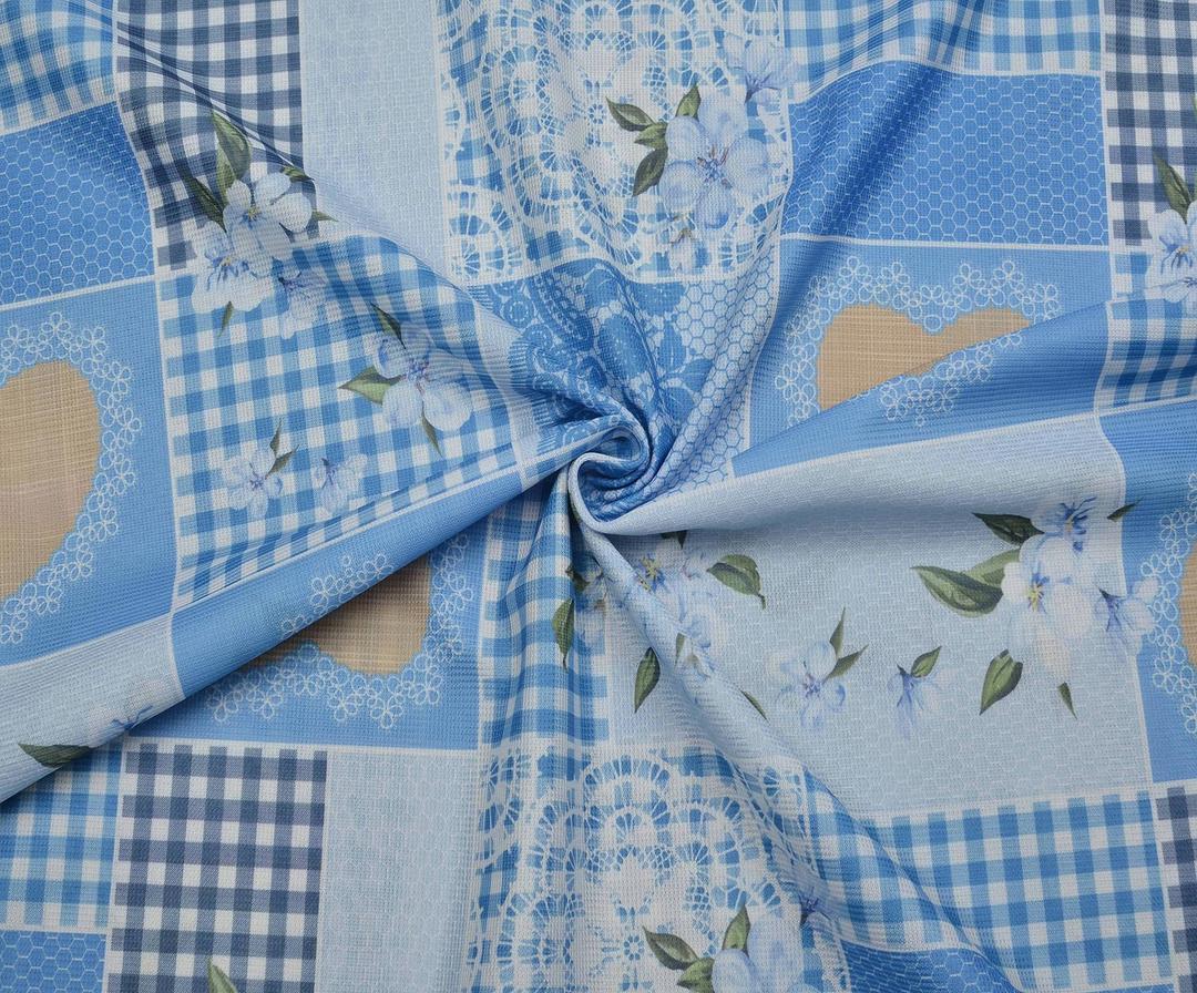 HEART AND FLOWER PATTERNED RASCHEL FABRIC - BLUE