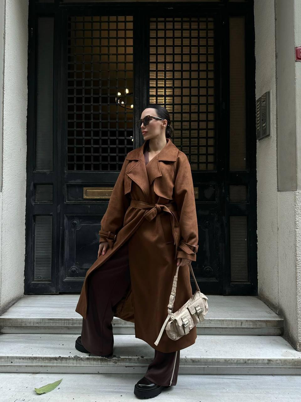 Тренчкот из замшеподобного материала с поясом, табачный/коричневый