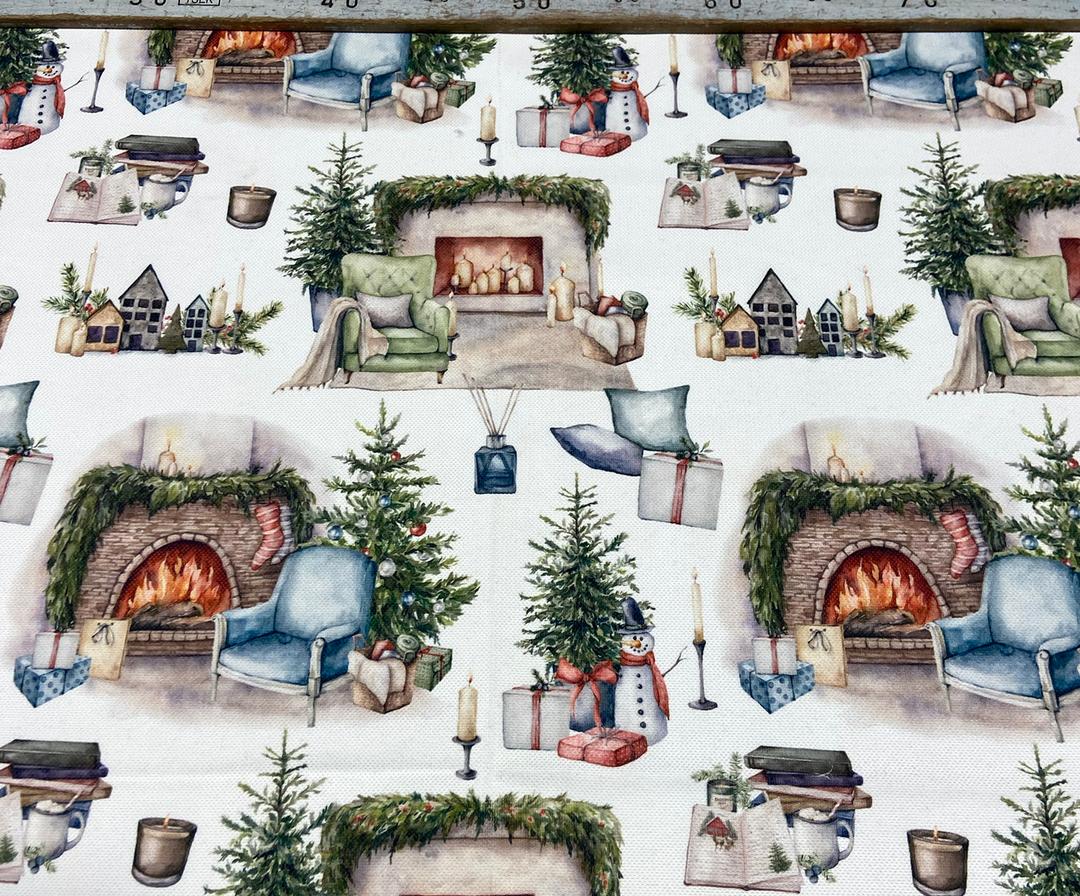 CHRISTMAS FIREPLACE DIGITAL PRINTING FABRIC - WHITE
