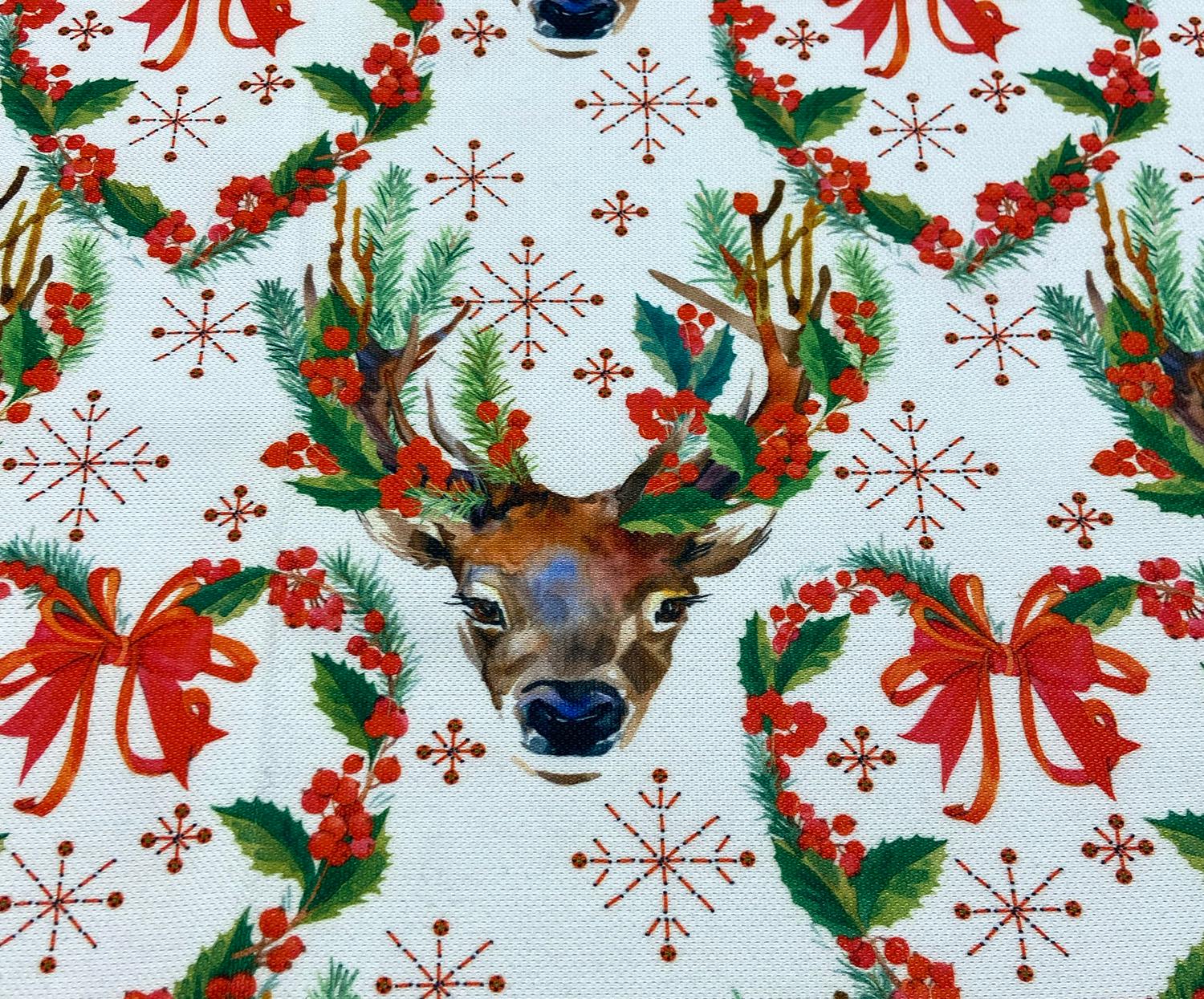 CHRISTMAS ORNATE DEER DIGITAL PRINT FABRIC - WHITE