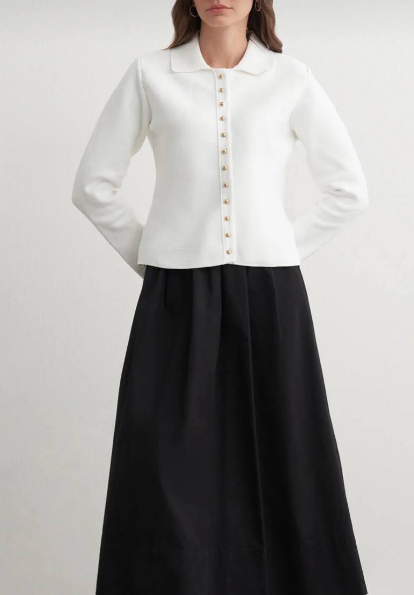 White Knit Jacket (or Cardigan) with Collar and Gold Buttons