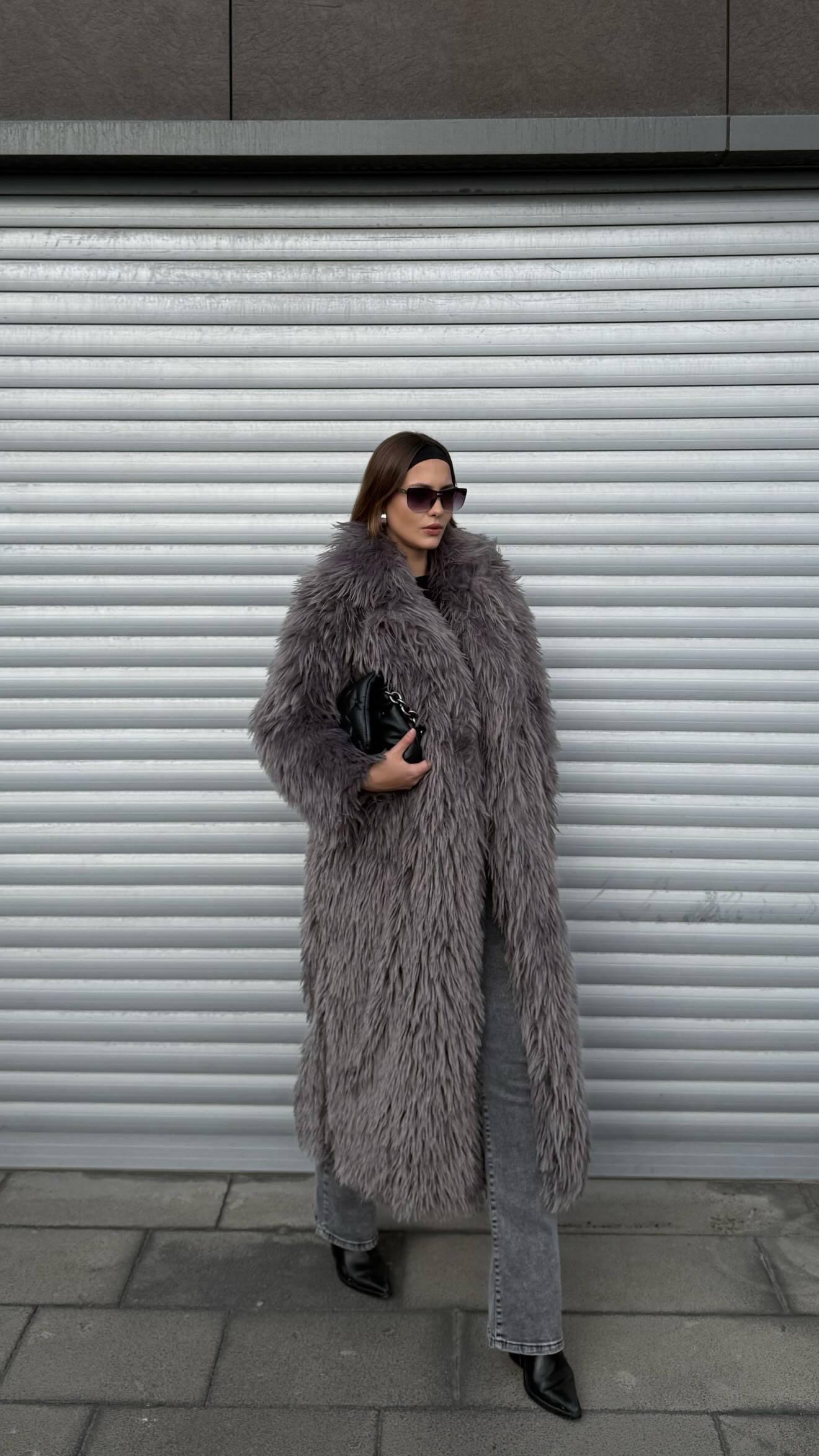 Smoky/Grey Colored, Long Hairy (Shaggy) Maxi Length Faux Fur Coat / Jacket