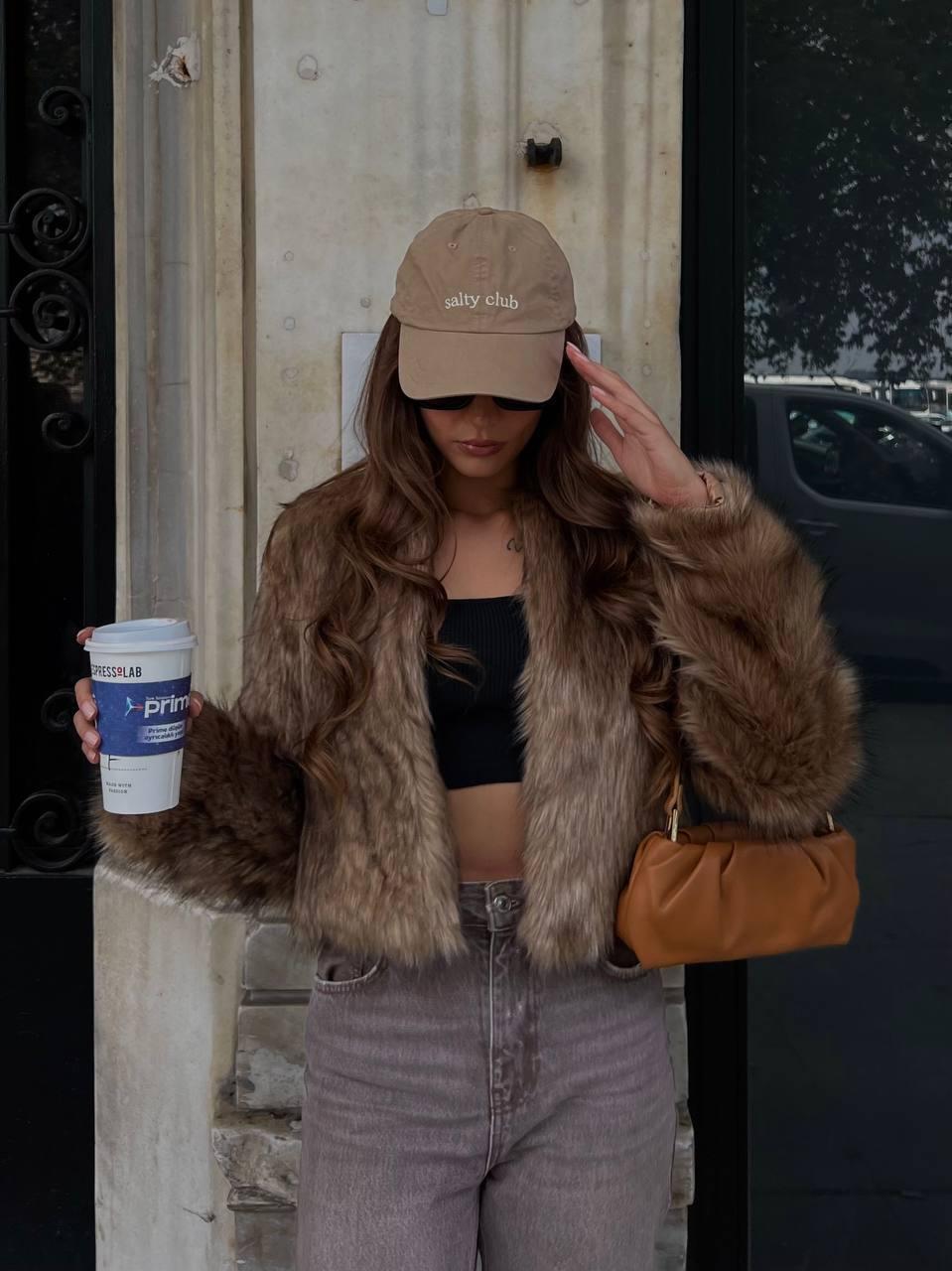 Short Cut (Crop) Faux Fur Jacket in Tan/Caramel Tones