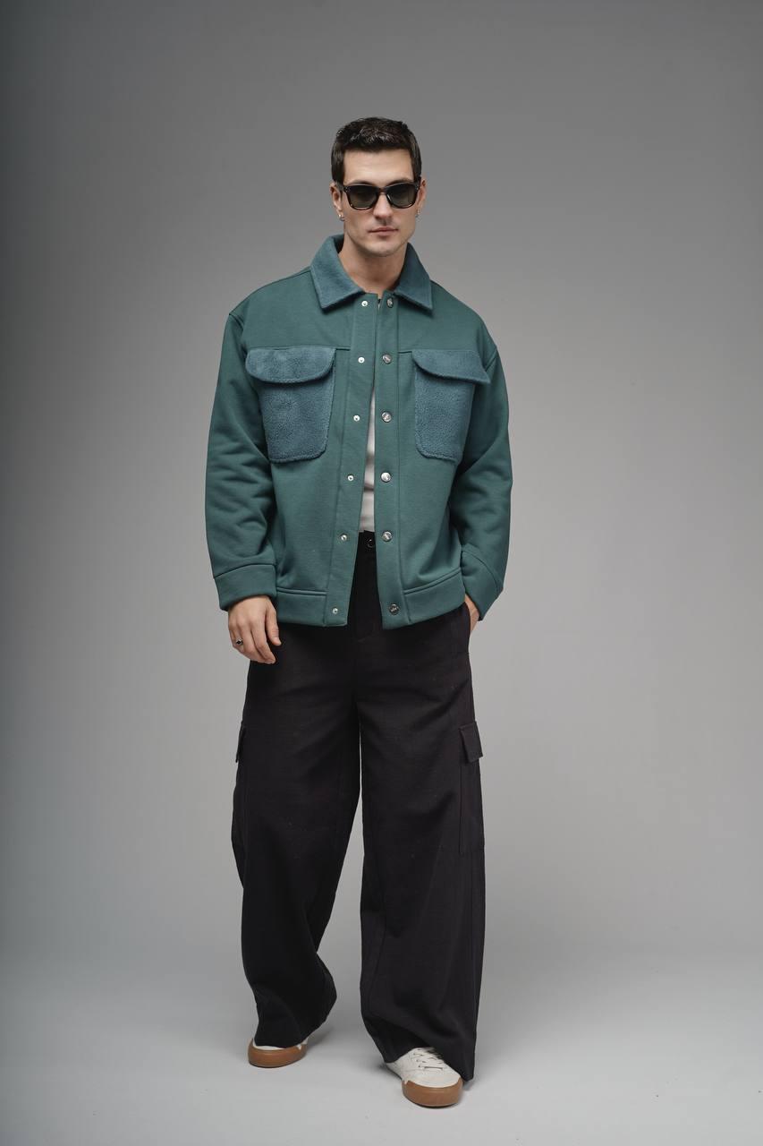 "Lagoon" Petrol Green Plush Pocket Oversize Trucker Jacket