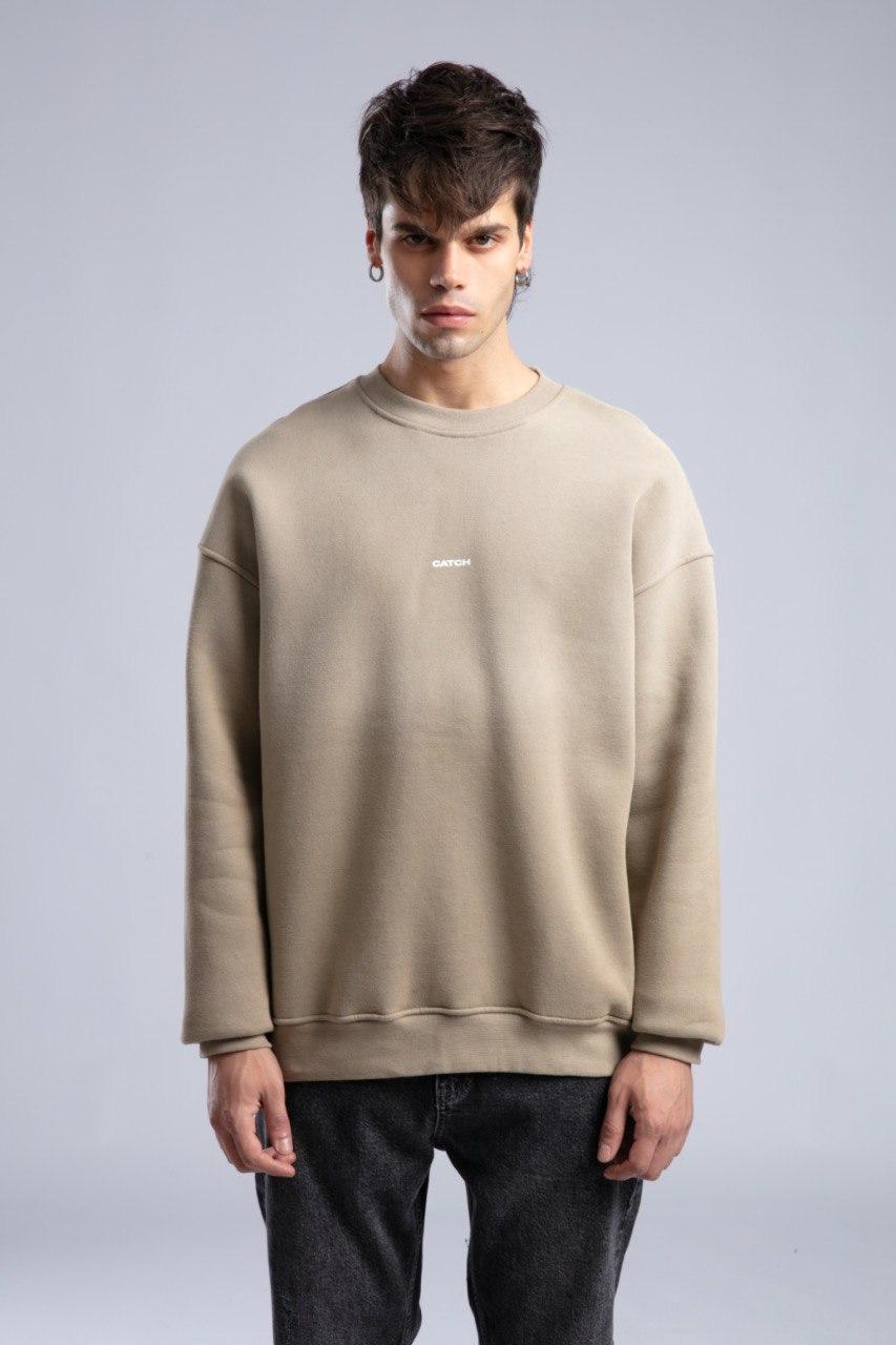 Bej Bol Kesim Bisiklet Yaka Sweatshirt