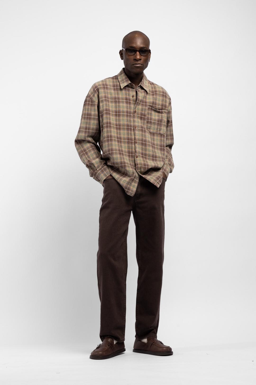 Erkek Kahve Ekoseli Oversize Pamuklu Gömlek