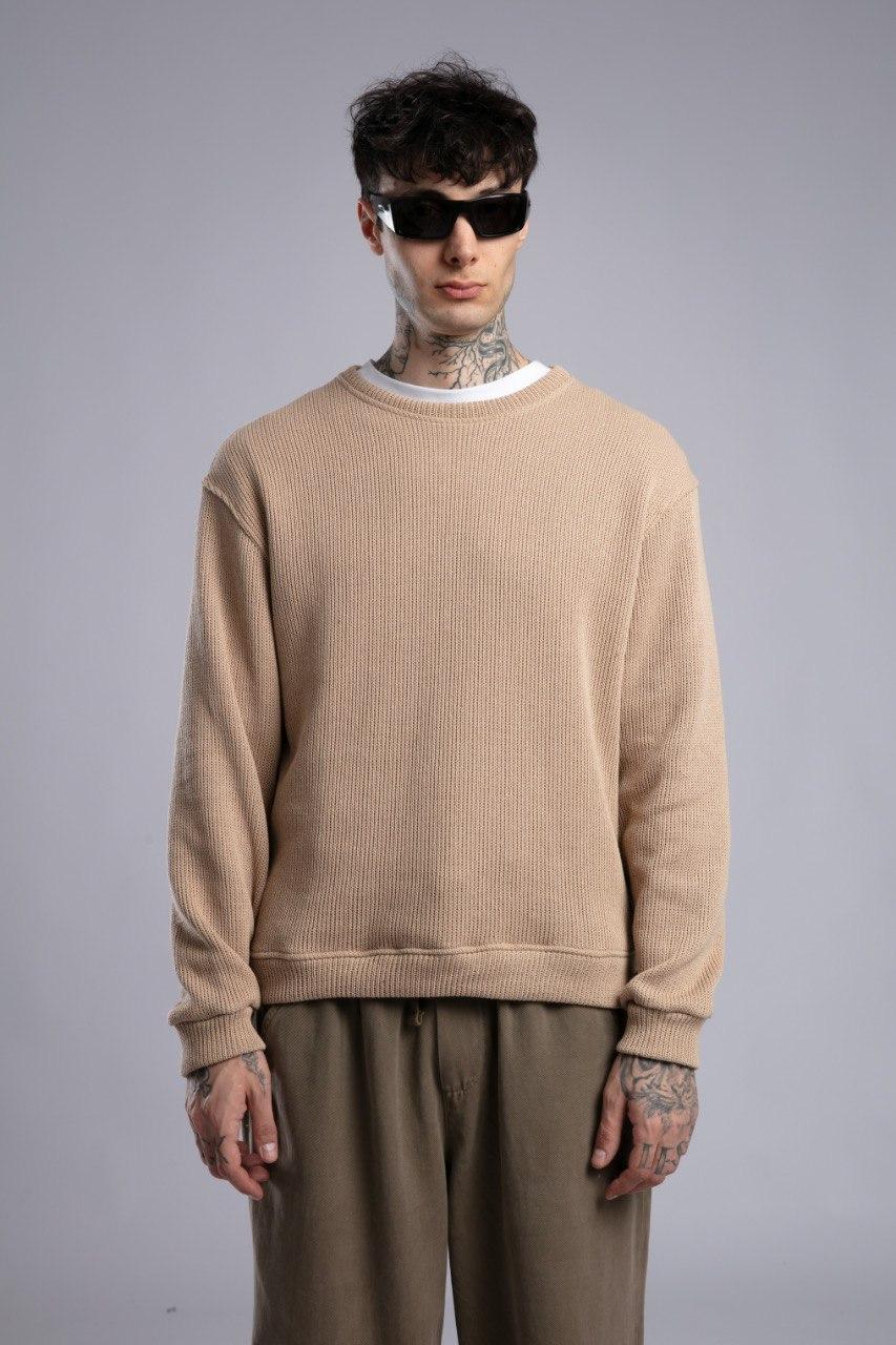 Oversize Fit Bisiklet Yaka Bej Örme Kazak