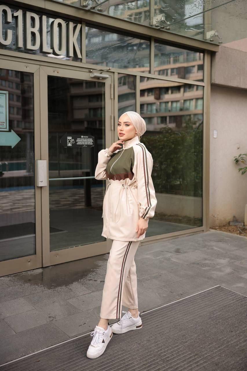 Block Color (Beige & Khaki) Sports Hijab Suit with Drawstring Waist
