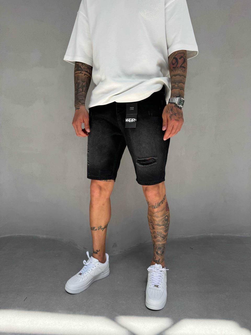 Black Washed Ripped Detail Slim Fit Denim Shorts