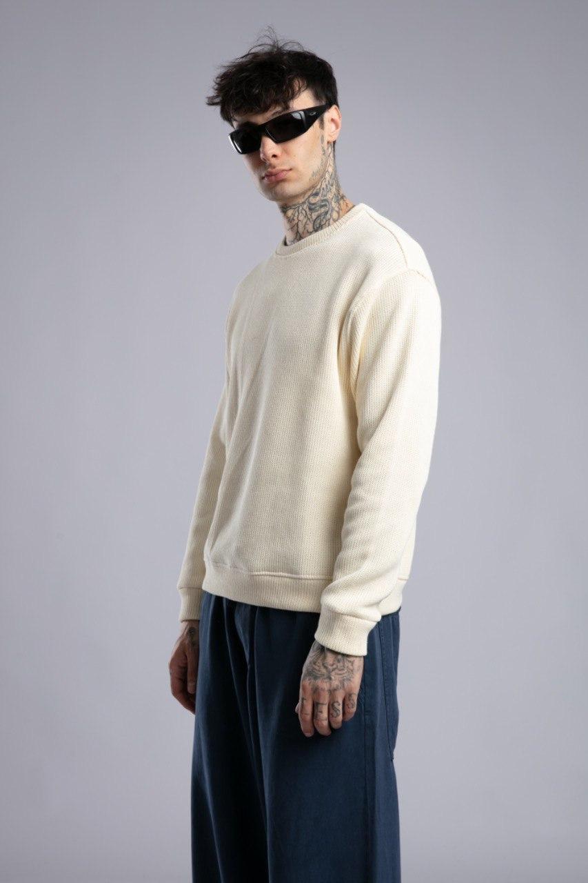 Oversize Fit Krem Bisiklet Yaka Örme Kazak