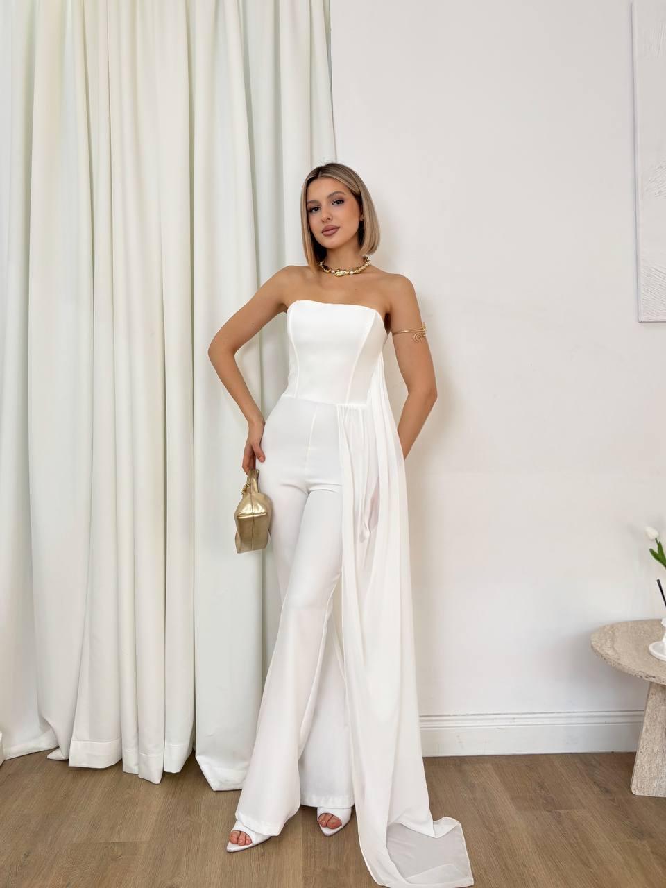 Tül Kuyruklu, Korse Detaylı Straplez Beyaz Abiye Tulum