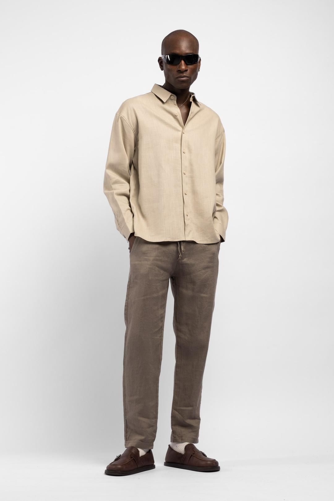 Erkek Bej Relax Fit Keten Gömlek