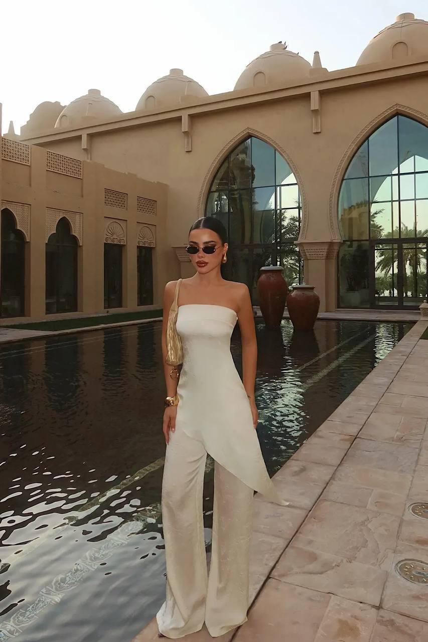 Strapless Asymmetrical Cut Satin Jumpsuit - Ecru