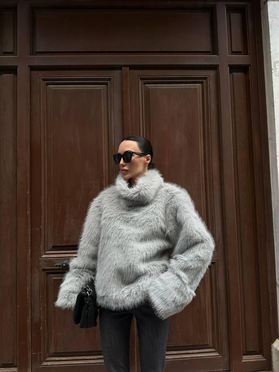 Grey Faux Fur Turtleneck Sweater