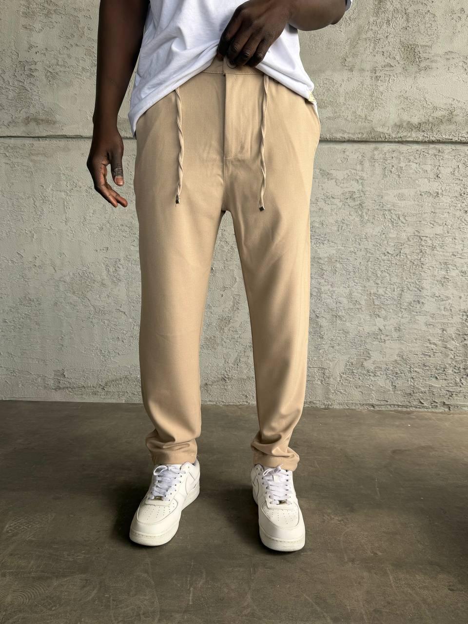 Lace-Up Slim-Fit Comfort Trousers with Metal Tips – Beige