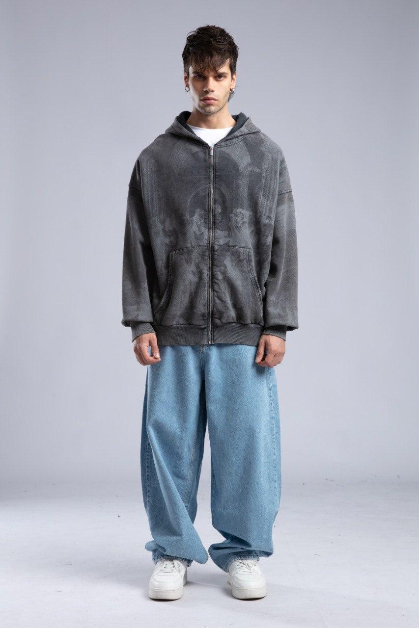 Füme Baskılı Fermuarlı Hoodie