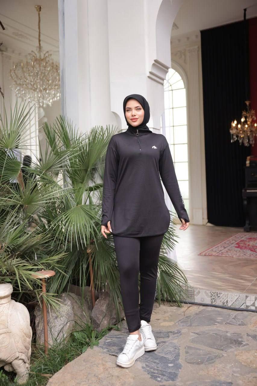 Fermuarlı Yaka Uzun Tunik ve Tayt/Eşofman Altından Oluşan Siyah Tesettür Spor Takımı