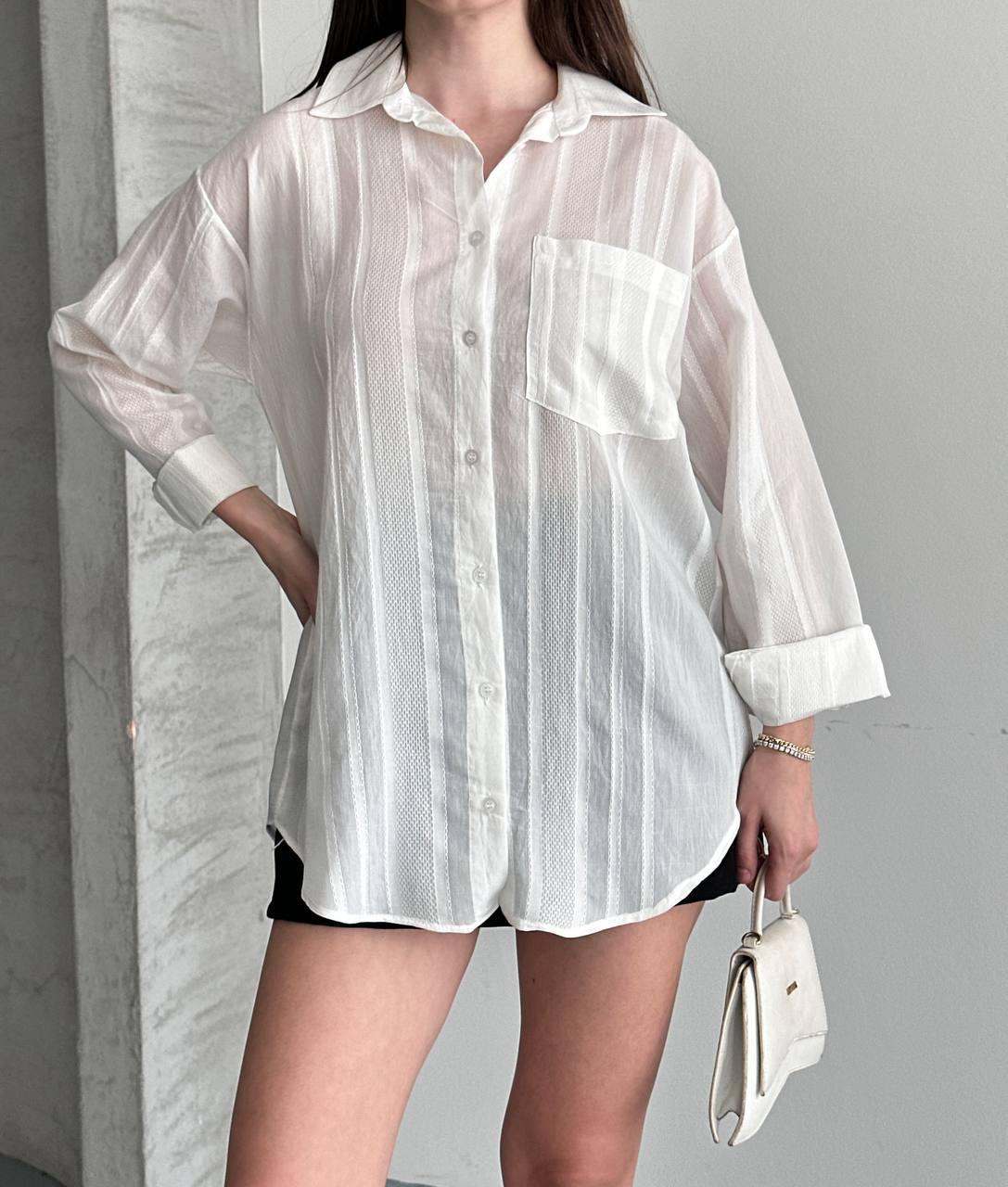 Striped Textured Oversize Chiffon Shirt - White