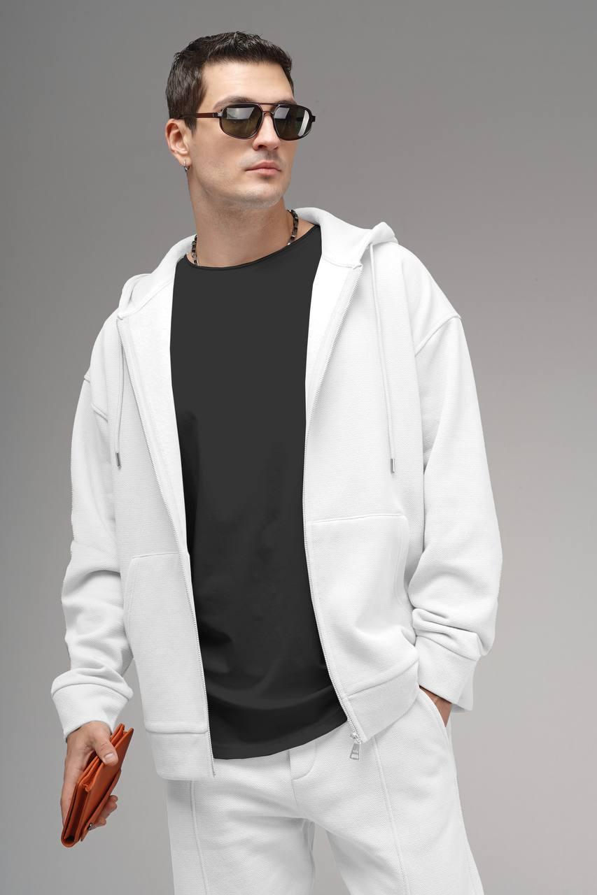 Pure White Oversize Textured Zip-Up Hoodie Cardigan