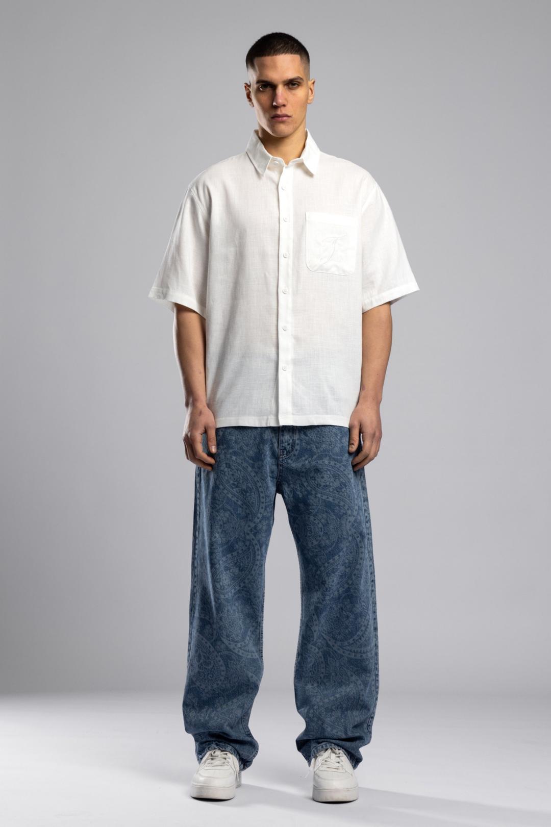 Біла лляна сорочка з коротким рукавом