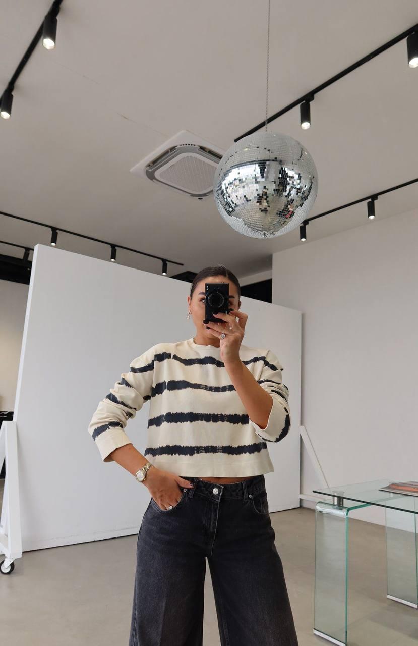 Black and White (or Ecru) Batik Patterned Crop Sweatshirt or Short Cut Striped Batik Sweater