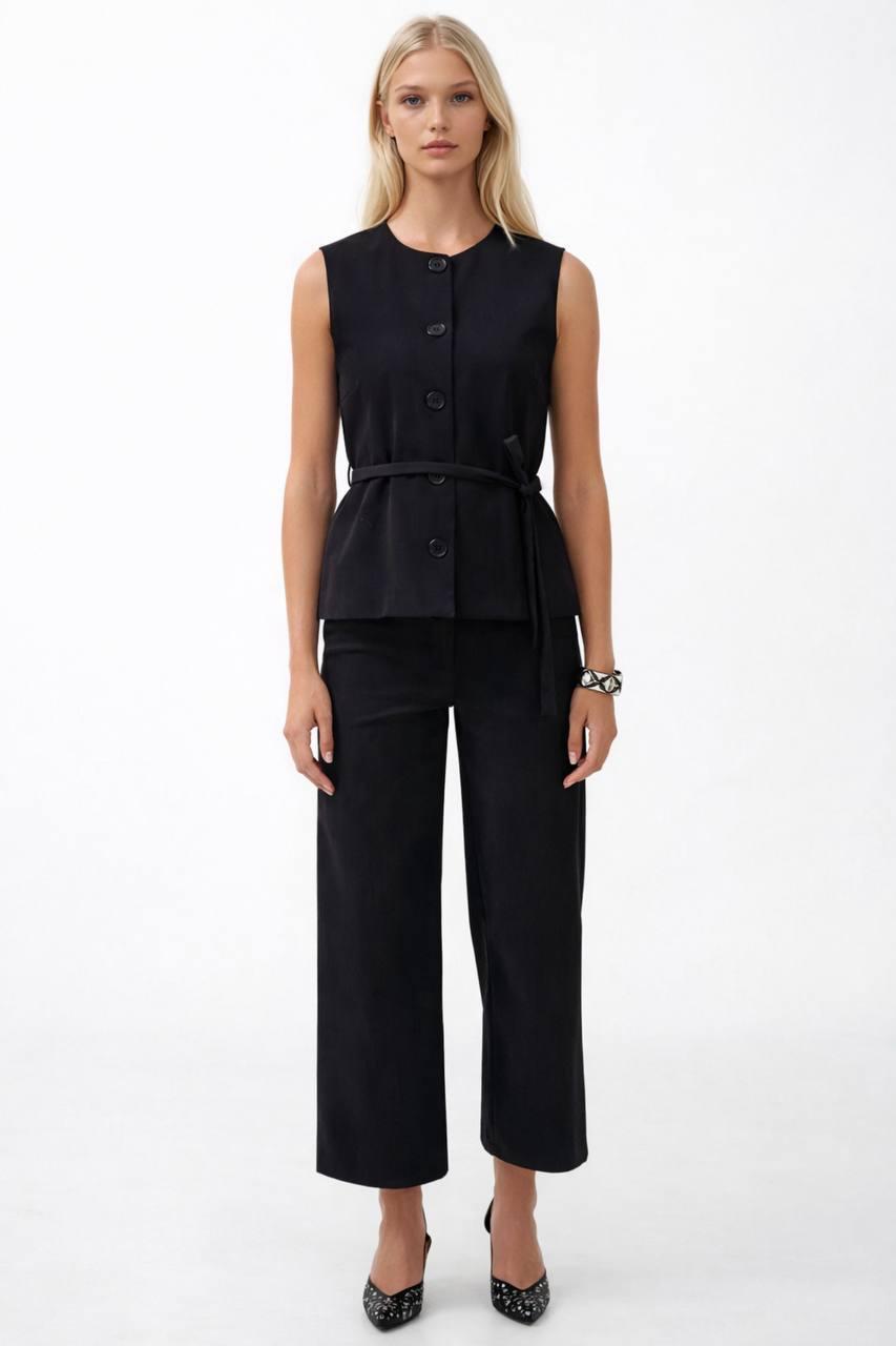 Sleeveless Blazer with Black Belt and Wide-Leg Pants Set