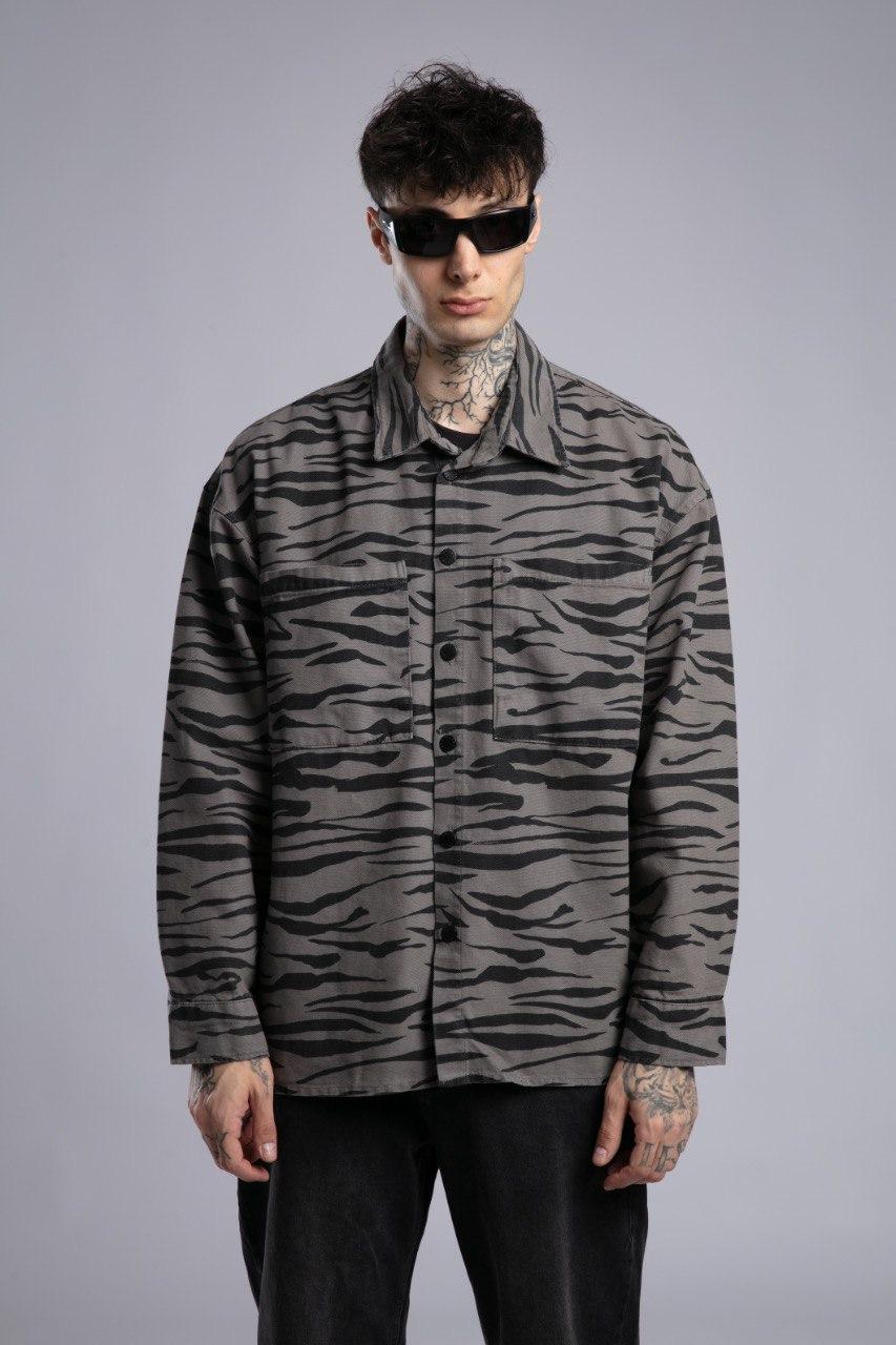 Gri Tonlu Zebra Desenli Oversize Ceket Gömlek (Shacket)