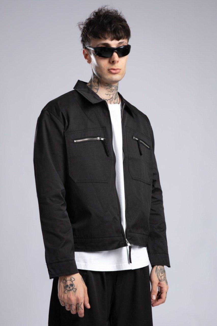 Siyah Fermuar Detaylı Oversize Crop Ceket