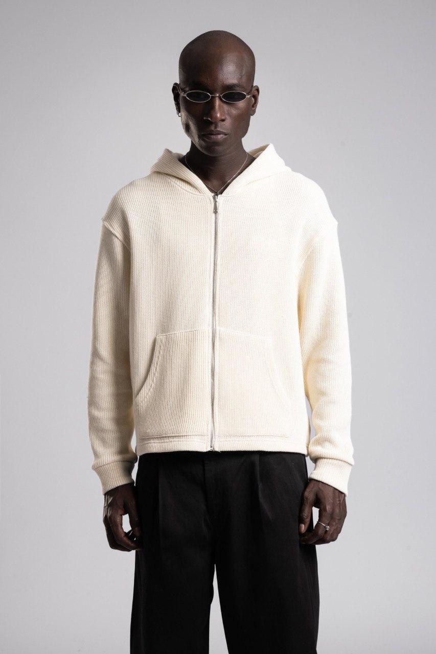 Кремовый/Бежевый Вафельный (Waffle Knit) Оверсайз/Свободный Худи на молнии/Кардиган