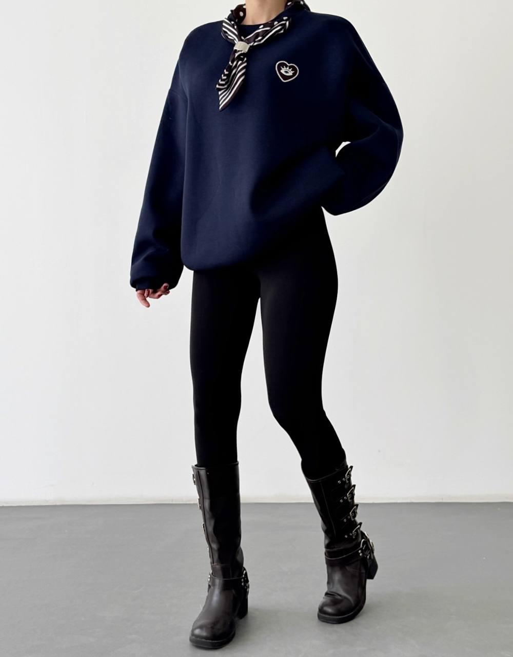 Navy Blue Heart Embroidered Oversize Crew Neck Sweatshirt