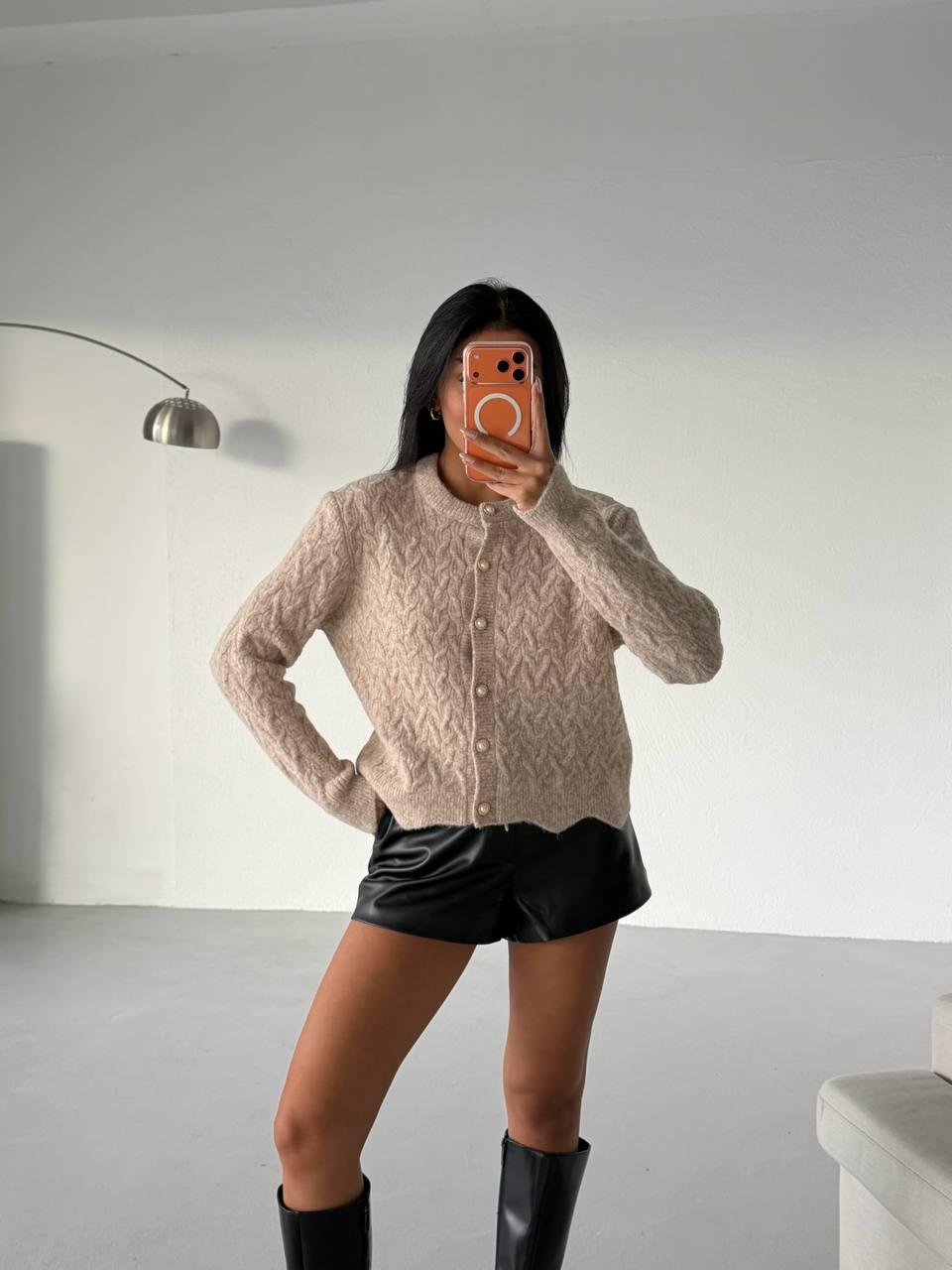 Pearl Button Cable Knit Cardigan – Beige